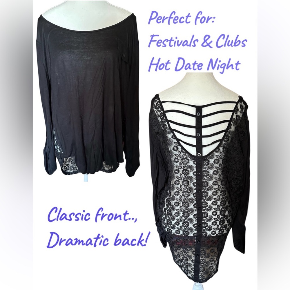FESTIVAL Mine Too Black Long Sleeve Blouse w/ Peekaboo Ladder & Lace BACKLESS 3X